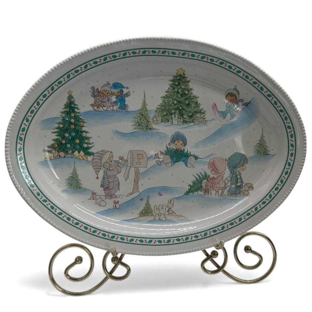 VTG 1996 Enesco Signature Precious Moments Oval Serving Platter Snow Scene